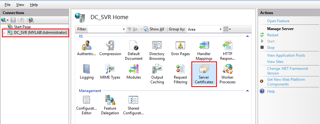 Server Certificates Icon in IIS