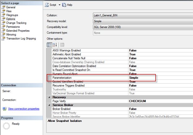 you can use SSMS. Right click on the database, Properties, Options, Parameterization